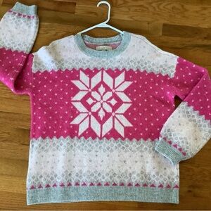 LOFT Pink and White Snowflake Sweater